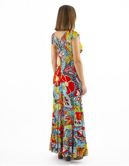 Robe longue à volants motif tropical multicolore