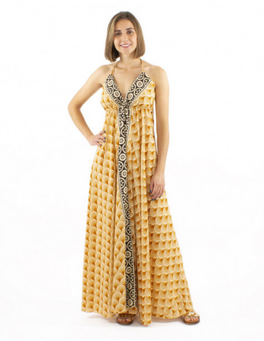 Robe longue dos-nu motif ethnique