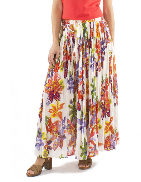 Jupe longue bohème plissée, motif tropical coloré et bohème