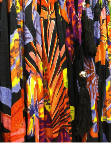 Jupe longue bohème plissée, motif tropical coloré et bohème