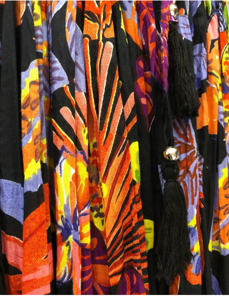 Jupe longue bohème plissée, motif tropical coloré et bohème