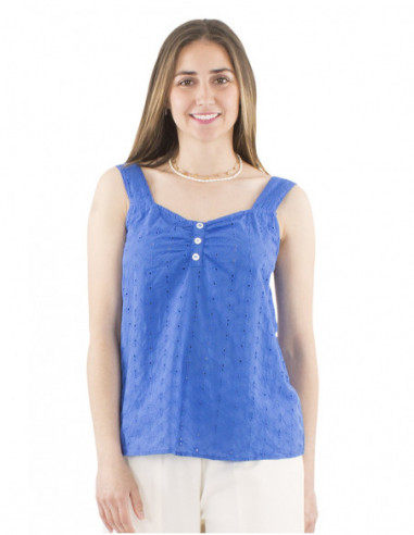 top ample, larges bretelles, broderies anglaises, coton