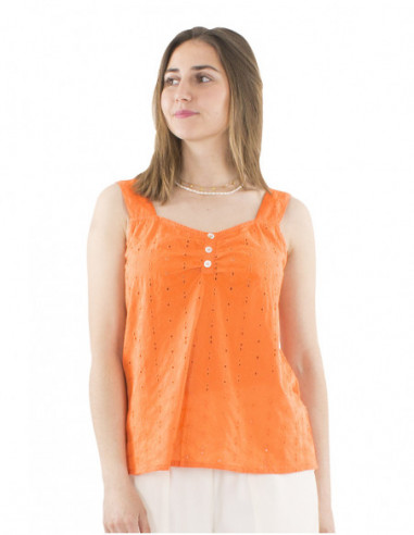 top ample, larges bretelles, broderies anglaises, coton