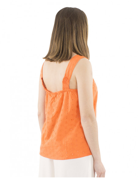 top ample, larges bretelles, broderies anglaises, coton