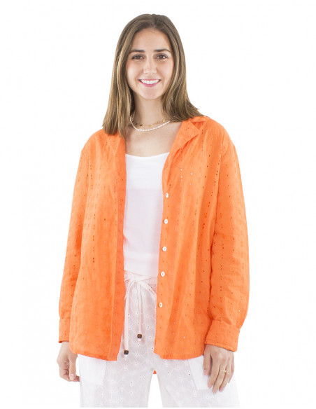 chemisier large broderies anglaises, confection coton, col à revers