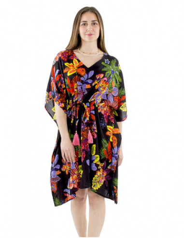 Robe de plage coupe kaftan motif tropical