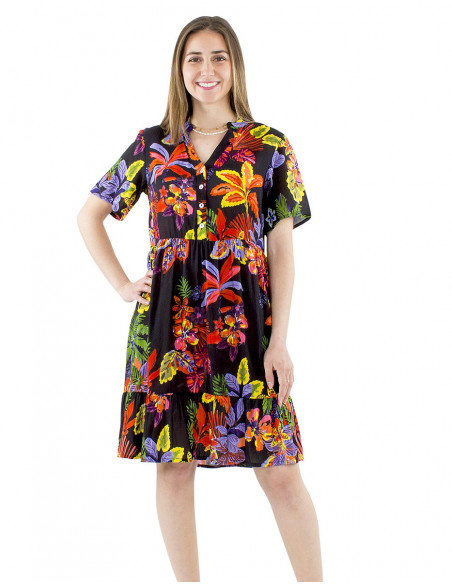 Tropical short dress with buttons