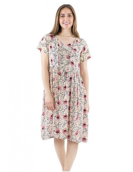 Robe bohème romantique mi-longue motif fleurie avec liens