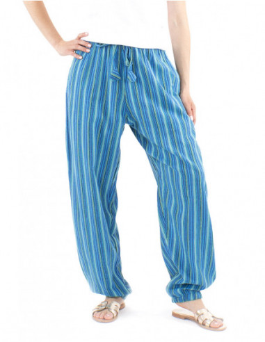 Pantalon basique en coton rayé népalais bleu