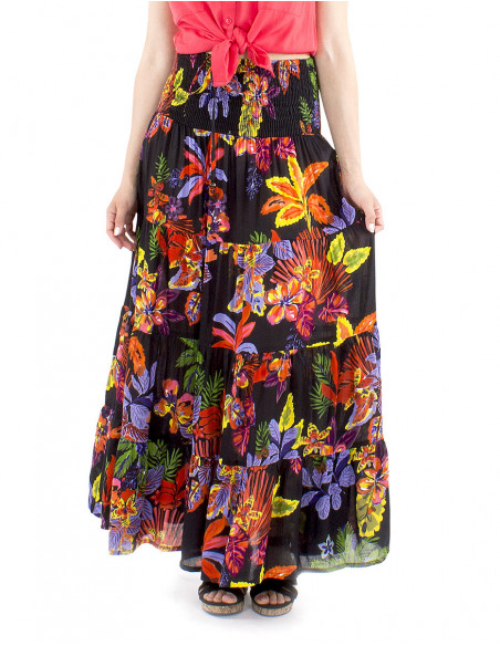 Long ruffled skirt tropical patterns
