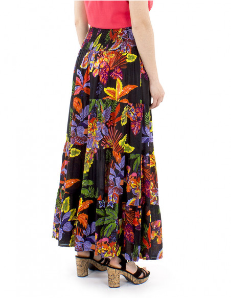 Long ruffled skirt tropical patterns