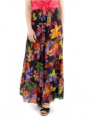 Long ruffled skirt tropical patterns