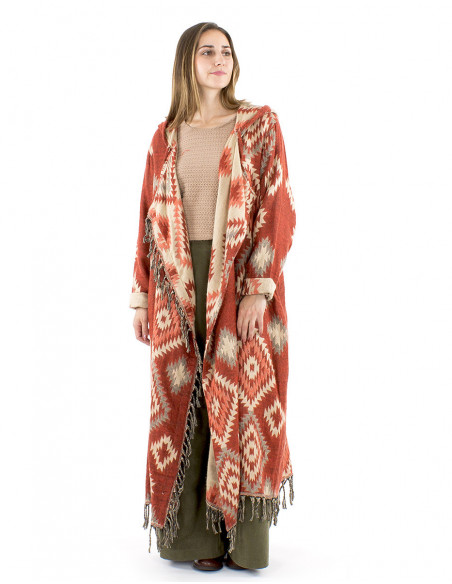 Veste longue à franges motif ethnique