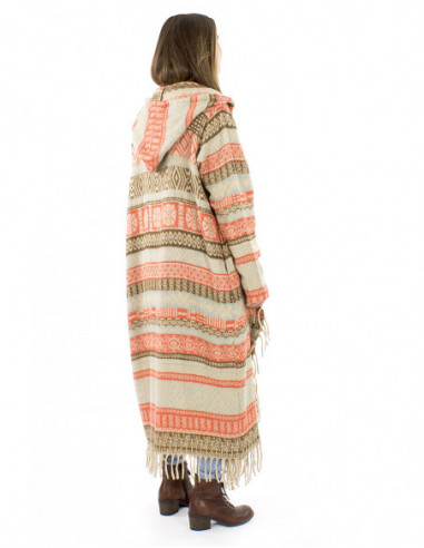 Veste longue à franges motif ethnique