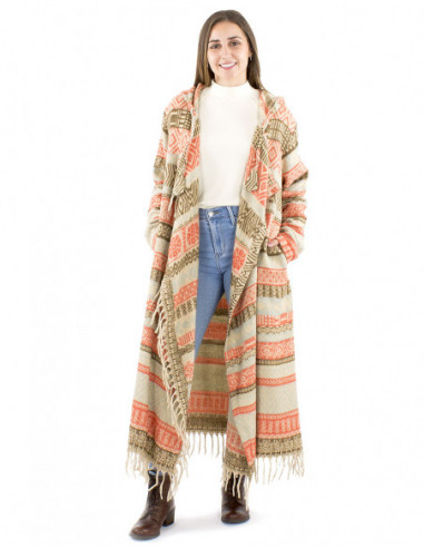 Long jacket with ethnic pattern fringes