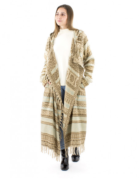 Long jacket with ethnic pattern fringes