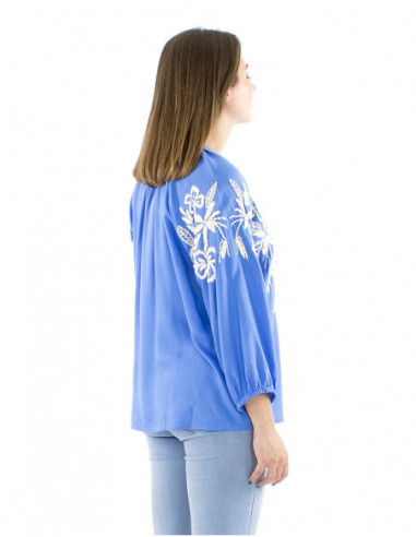 Chemisier femme bohème brodé main bleu