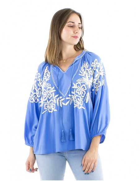 Chemisier bleu femme bohème brodé main