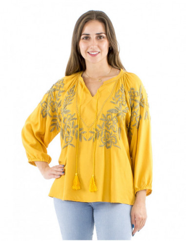 Chemisier jaune moutarde femme bohème brodé main