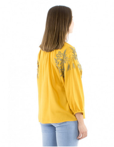 Chemisier femme couleur jaune bohème brodé main