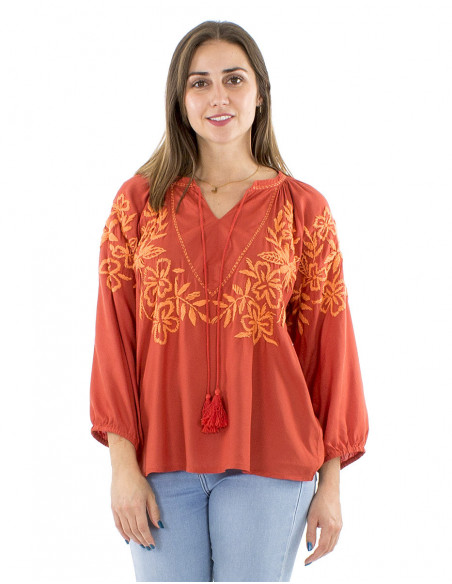 Chemisier femme couleur terracotta bohème brodé main