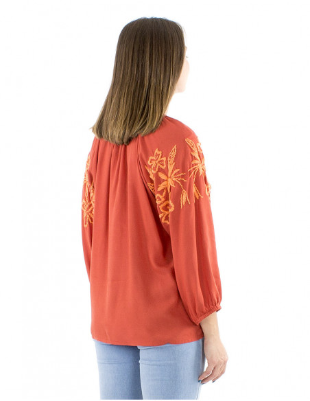 Chemisier femme manches longues et larges bohème brodé main