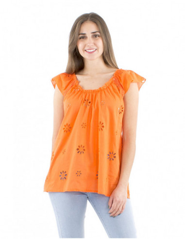 Top coton brodé avec fronces