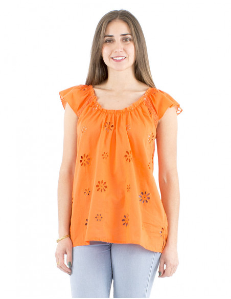 Top coton brodé avec fronces