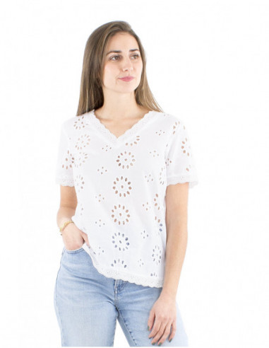 Top brodé coton manches courtes