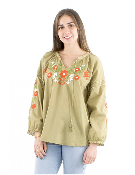 Chemisier d'été fleuri brodé main