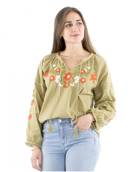 Chemisier original coton fleuri brodé main