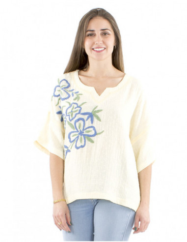 Cotton gauze hand embroidered blouse