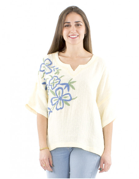 Cotton gauze hand embroidered blouse