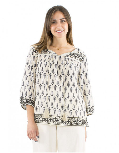 Chemisier coton avec pompons motif indien