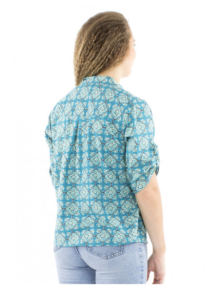 Chemisier bleu turquoise coton manches ajustables