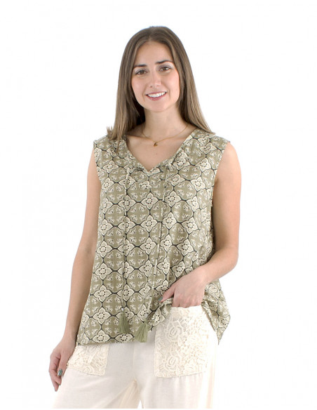 Top bretelles larges en coton motif ethnique