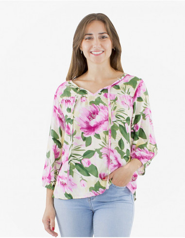 Chemisier bohème ample motif pivoine