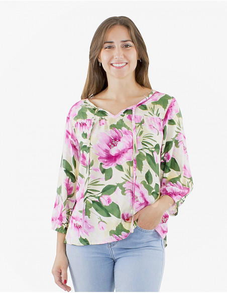 Chemisier bohème ample motif pivoine