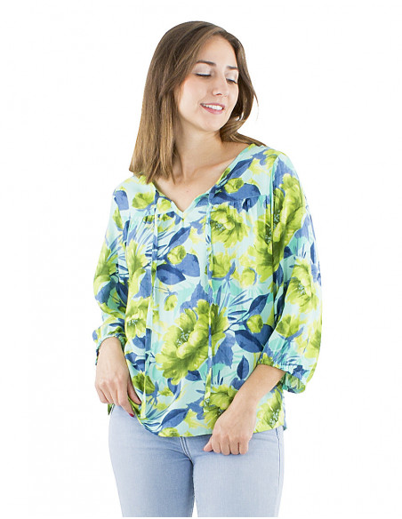 Peony pattern fluid large cut blouse