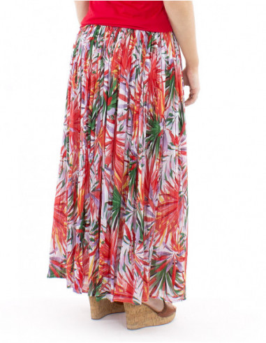 Jupe longue coton plissée motif tropical