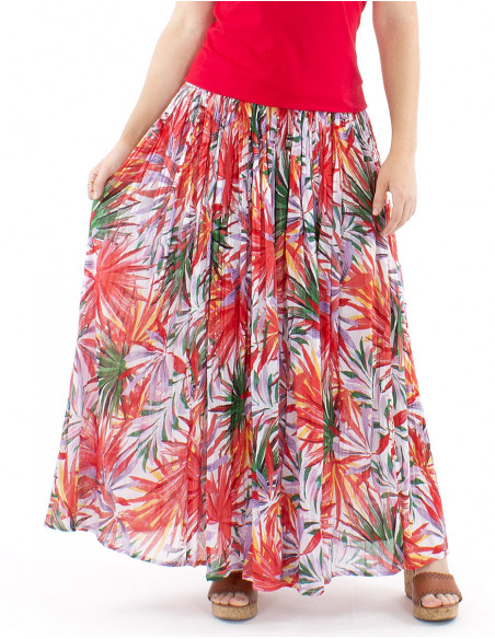 Jupe longue coton plissée motif tropical