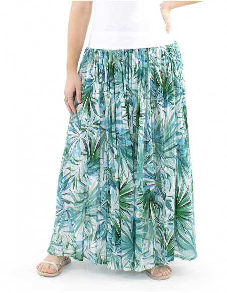 Jupe longue coton plissée motif tropical