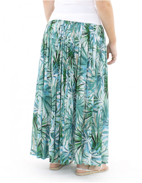 Jupe longue coton plissée motif tropical