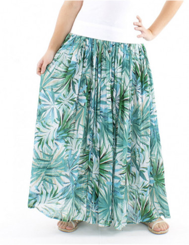 Jupe longue coton plissée motif tropical