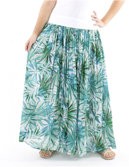 Long tropical pleated cotton skirt