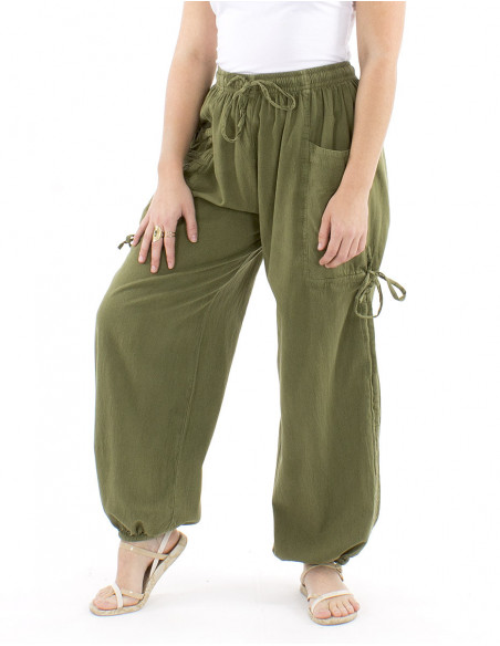 Pantalon coton large poches et liens