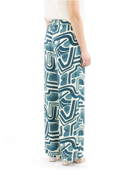 Pantalon palazzo fluide bleu motif ethnique
