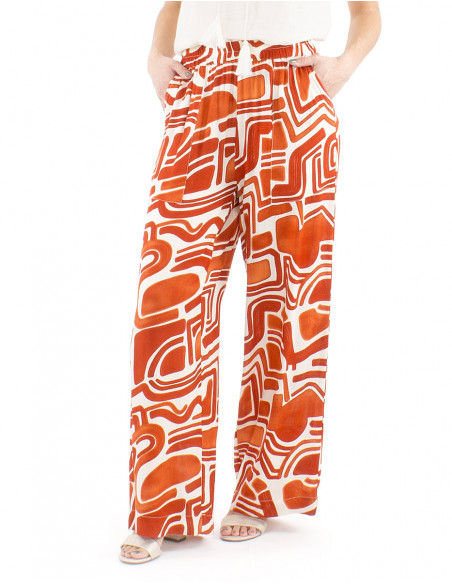 Pantalon palazzo fluide couleur terracotta  motif ethnique