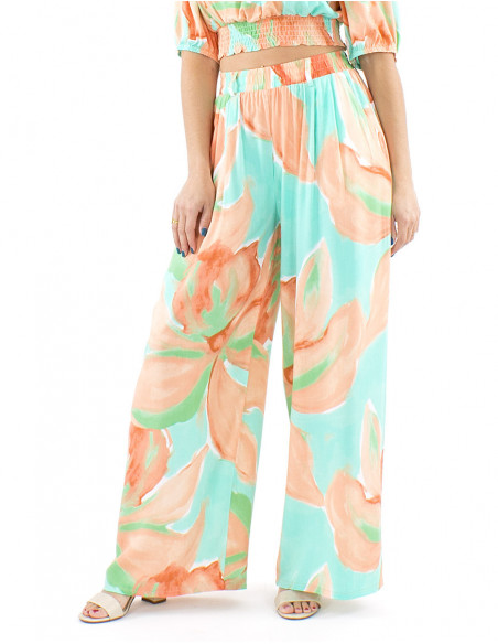 Pantalon palazzo fluide motif orchidée
