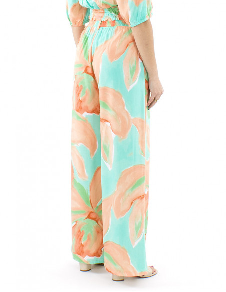 Pantalon palazzo fluide motif orchidée